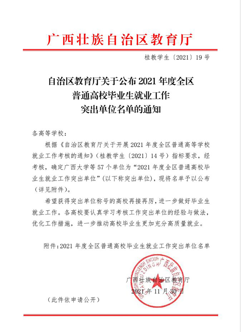 喜讯丨我校获自治区教育厅2021年度全区“普通高校毕业生就业工作突出单位”称号